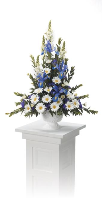 Blue iris and daisy funeral basket