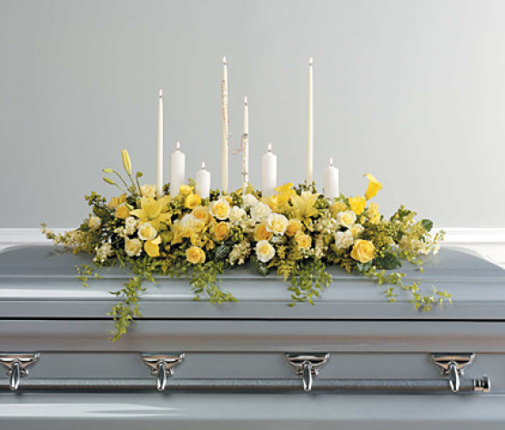 Yellow casket Spray with Rosary & Candles